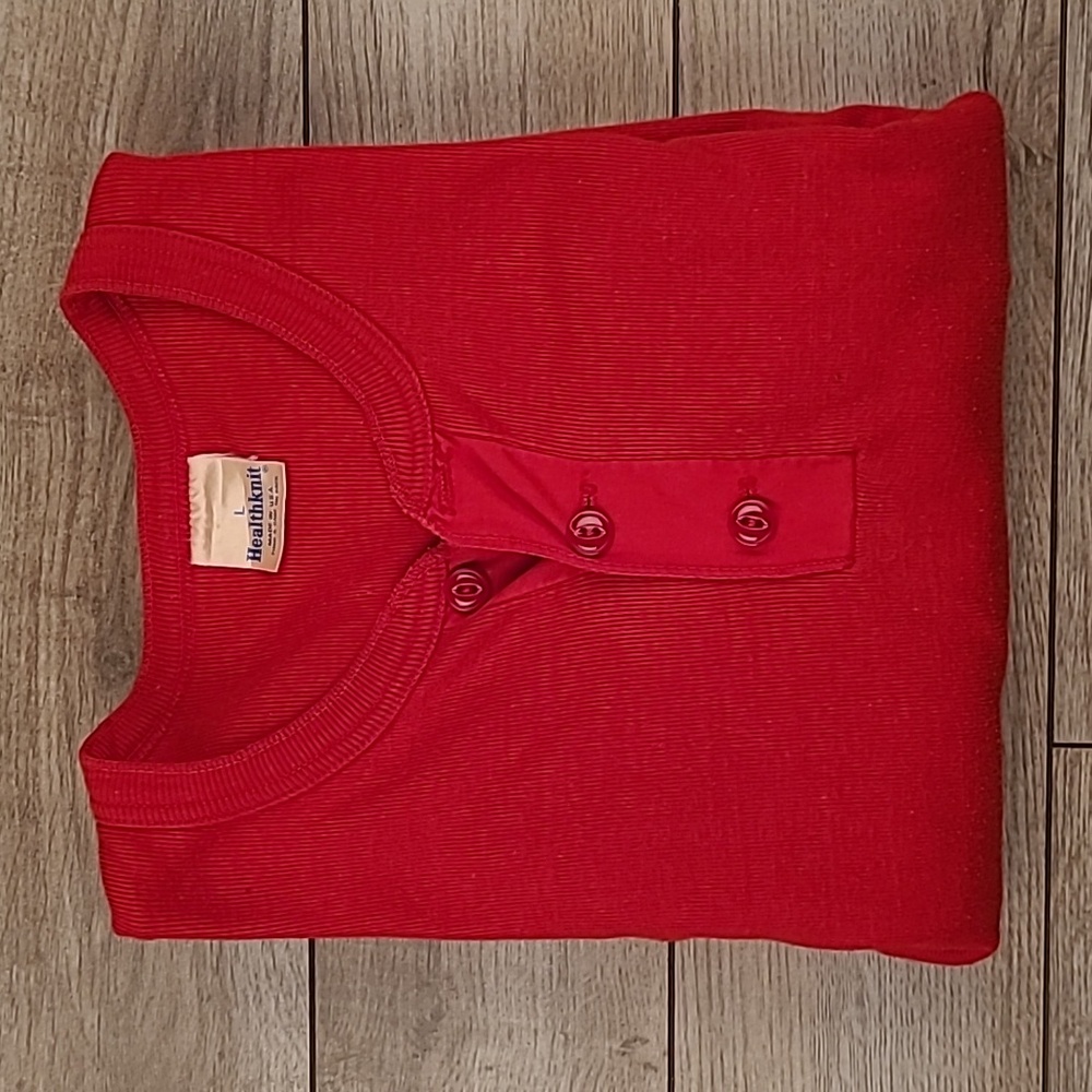HEALTHKNIT Red Cotton Polyester Blend USA Sz L Mens Henley Long Sleeve Shirt VTG